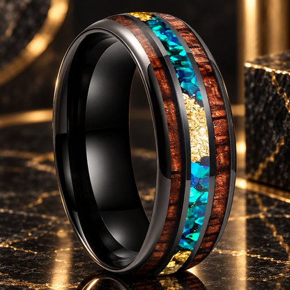 Koa Wood and Opal Tungsten Ring
