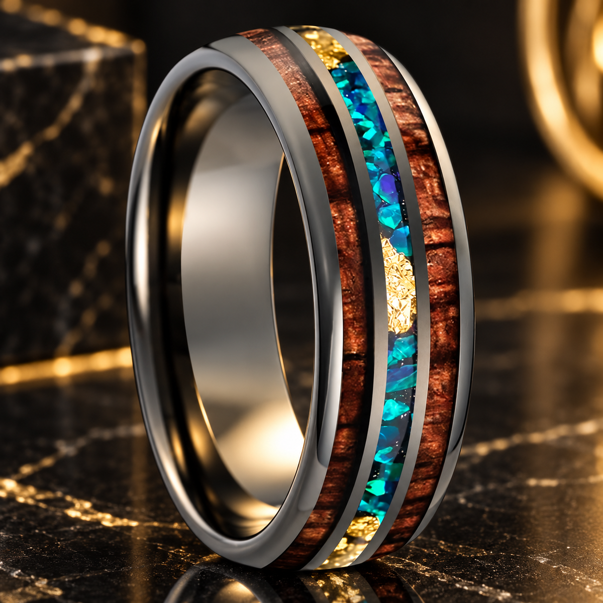 Koa Wood and Opal Tungsten Ring