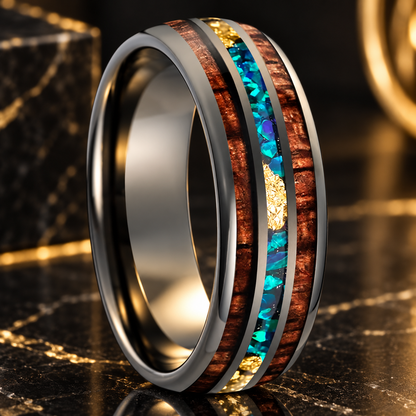 Koa Wood and Opal Tungsten Ring