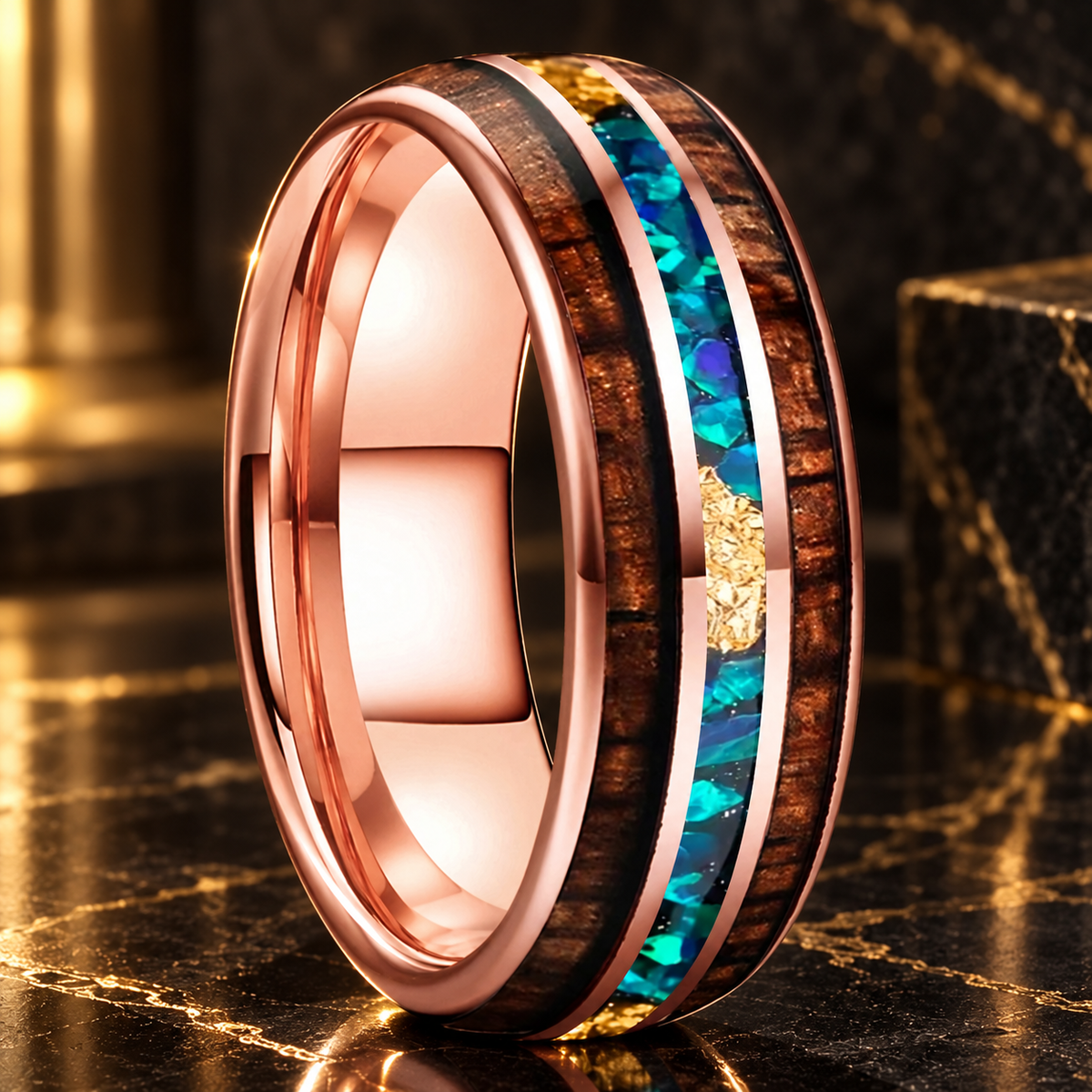 Koa Wood and Opal Tungsten Ring