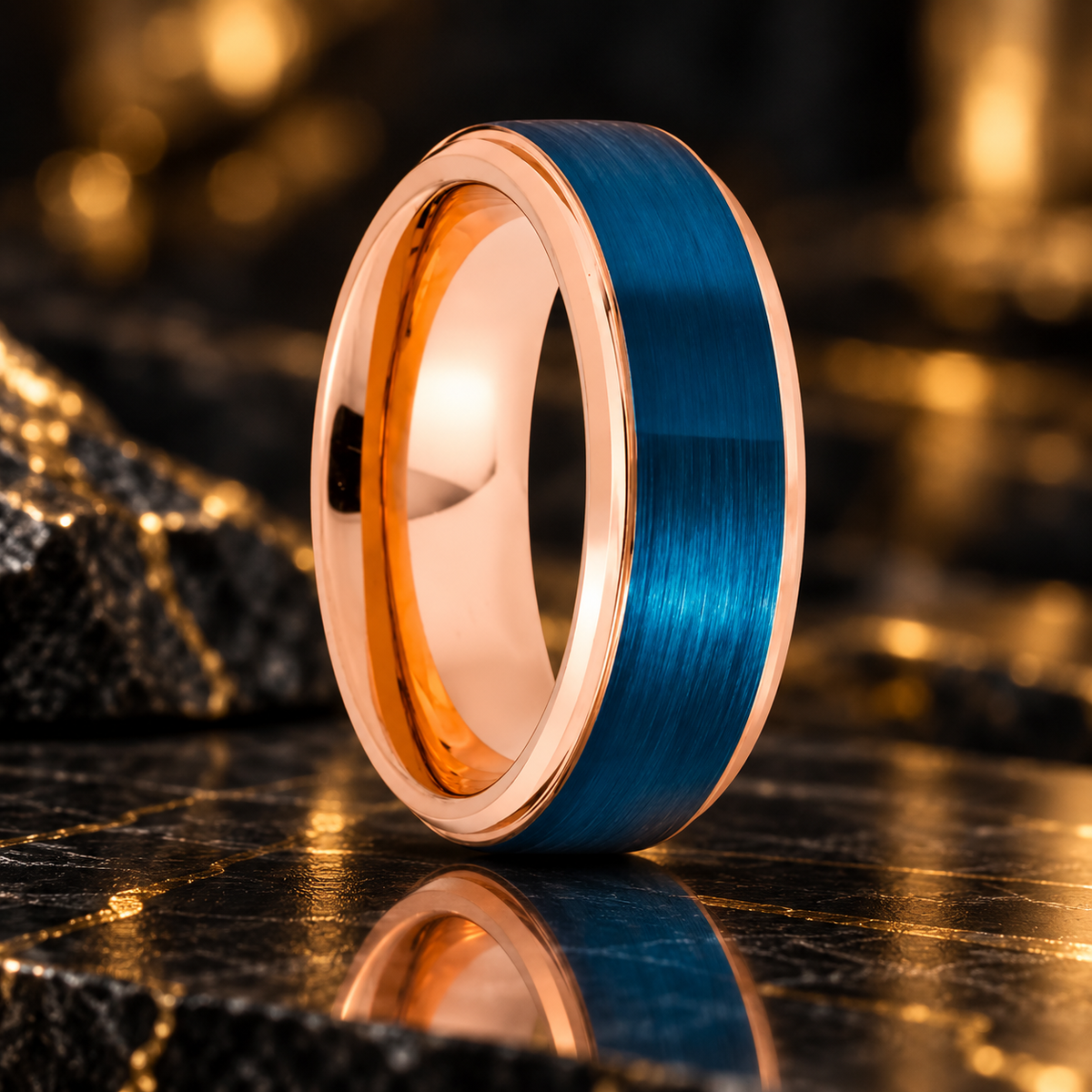 Rose Gold and Blue Tungsten Wedding Band
