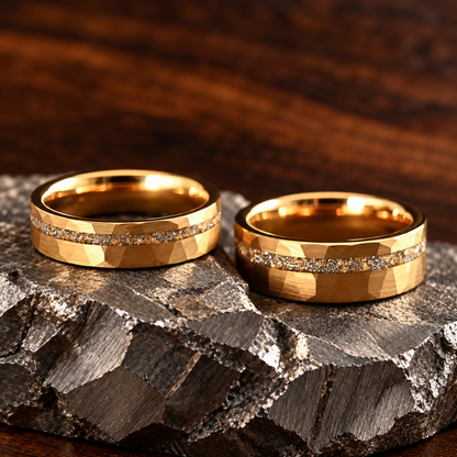 Hammered Gold Tungsten Ring With Gold Leaf and White Opal 