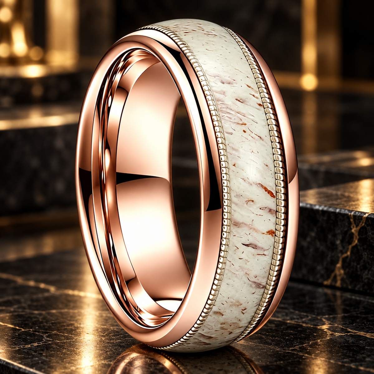 Tungsten Ring With Deer Antler and Guitar String Inlay