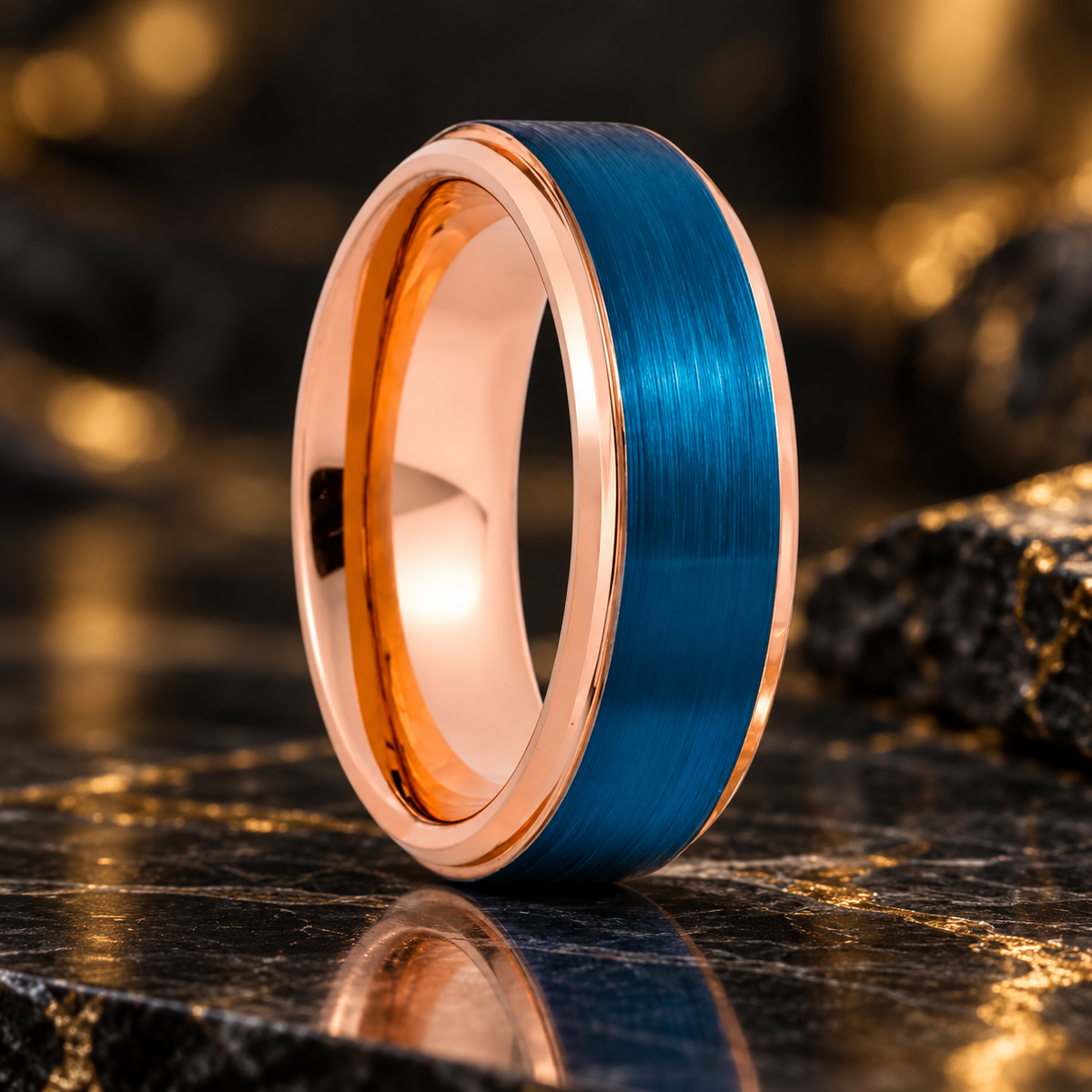 Rose Gold and Blue Tungsten Wedding Band