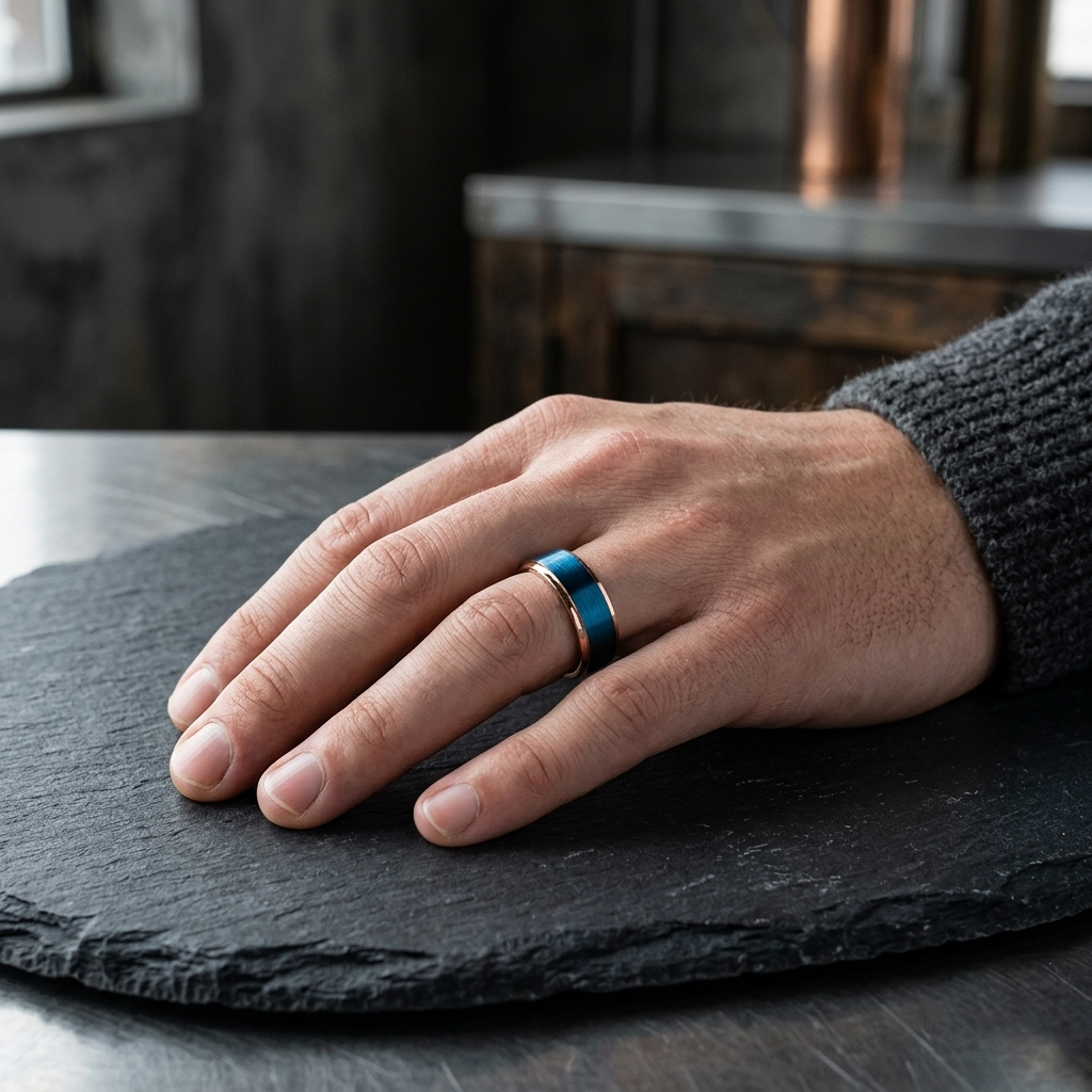 Rose Gold and Blue Tungsten Wedding Band