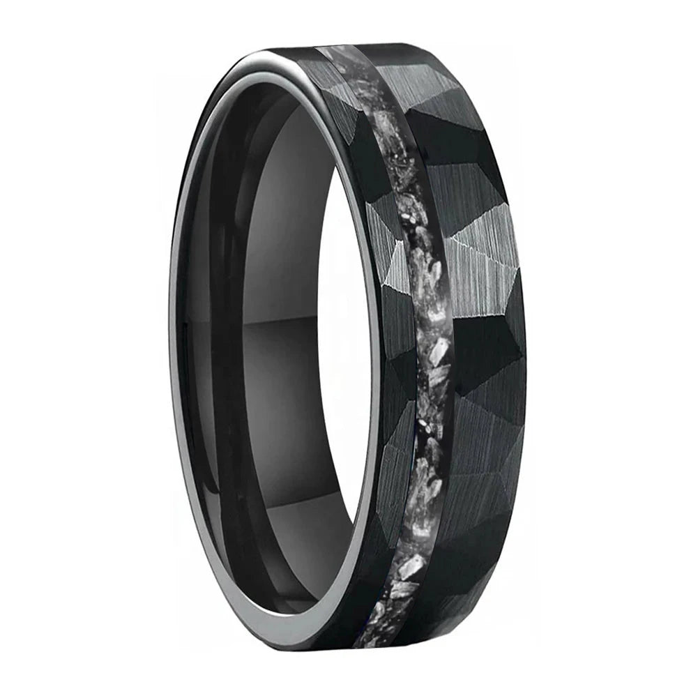 Hammered Tungsten Ring With Meteorite