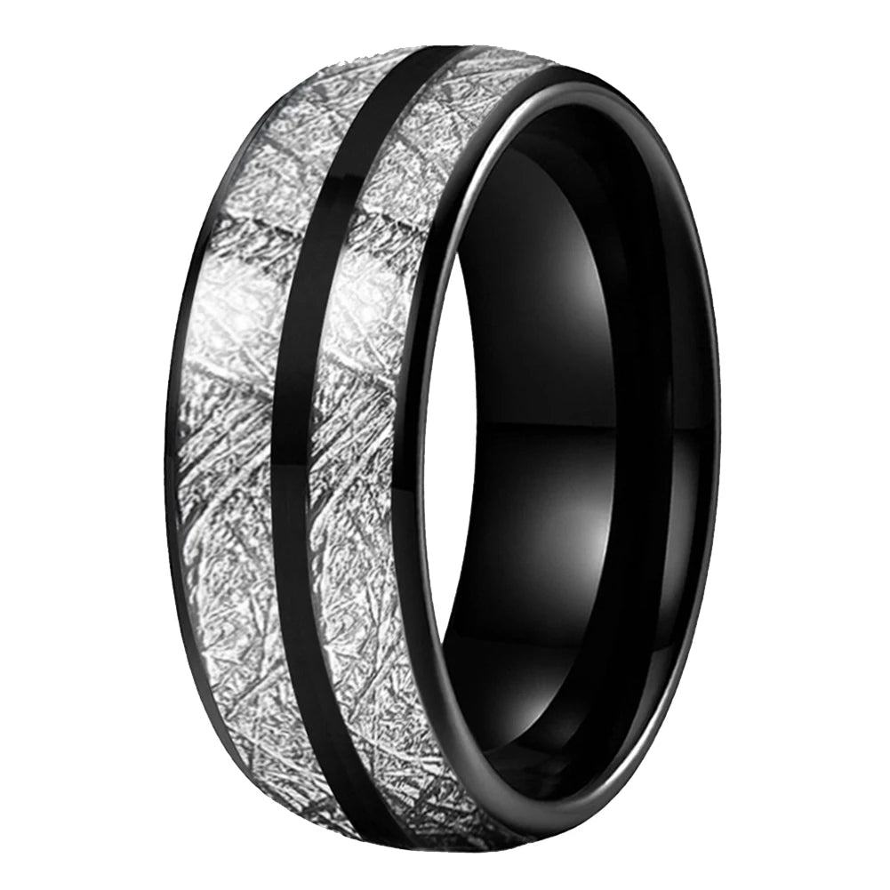 Tungsten Ring With White Meteorite Inlay