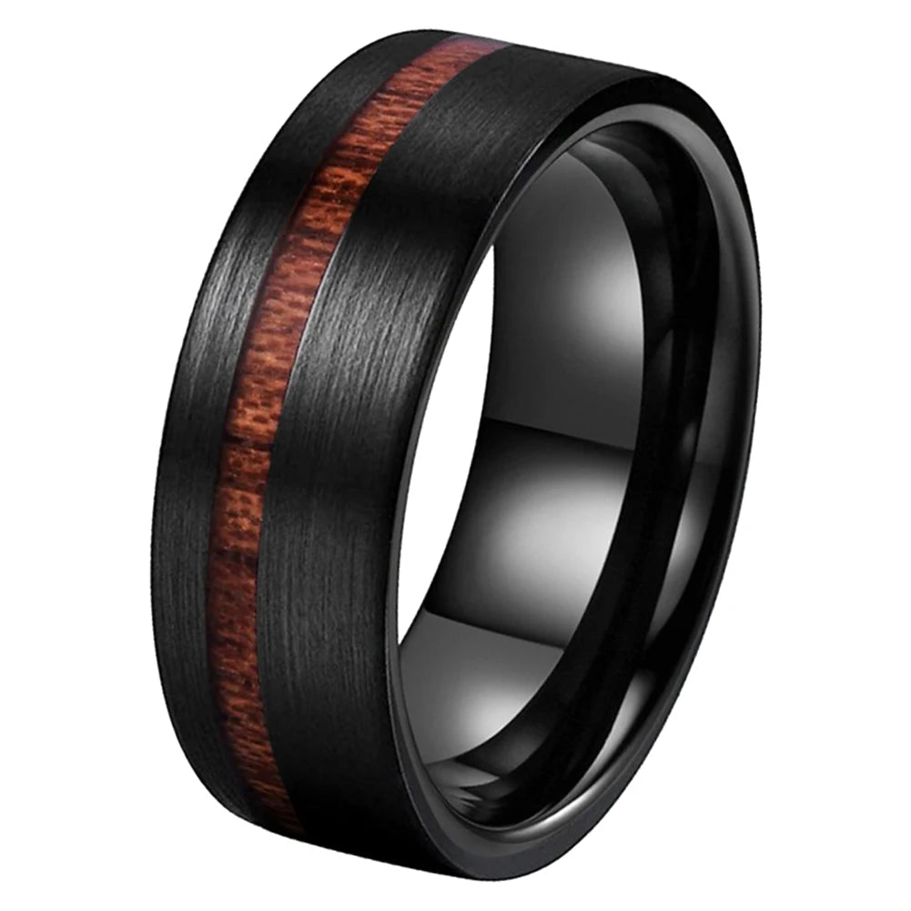 Black Tungsten Ring With Wood Inlay