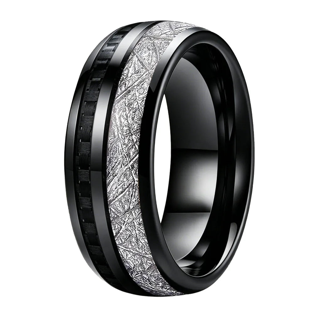 Tungsten Ring With Carbon Fiber and Meteorite Inlay