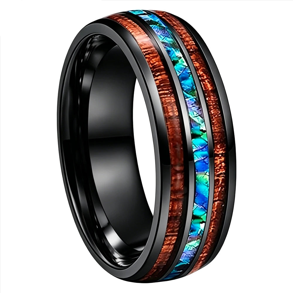 Hawaiian Koa Wood and Abalone Shell Tungsten Ring