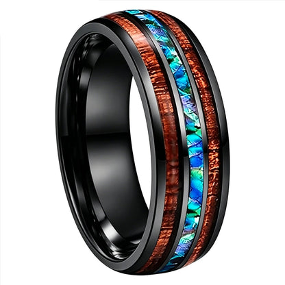 Hawaiian Koa Wood and Abalone Shell Tungsten Ring