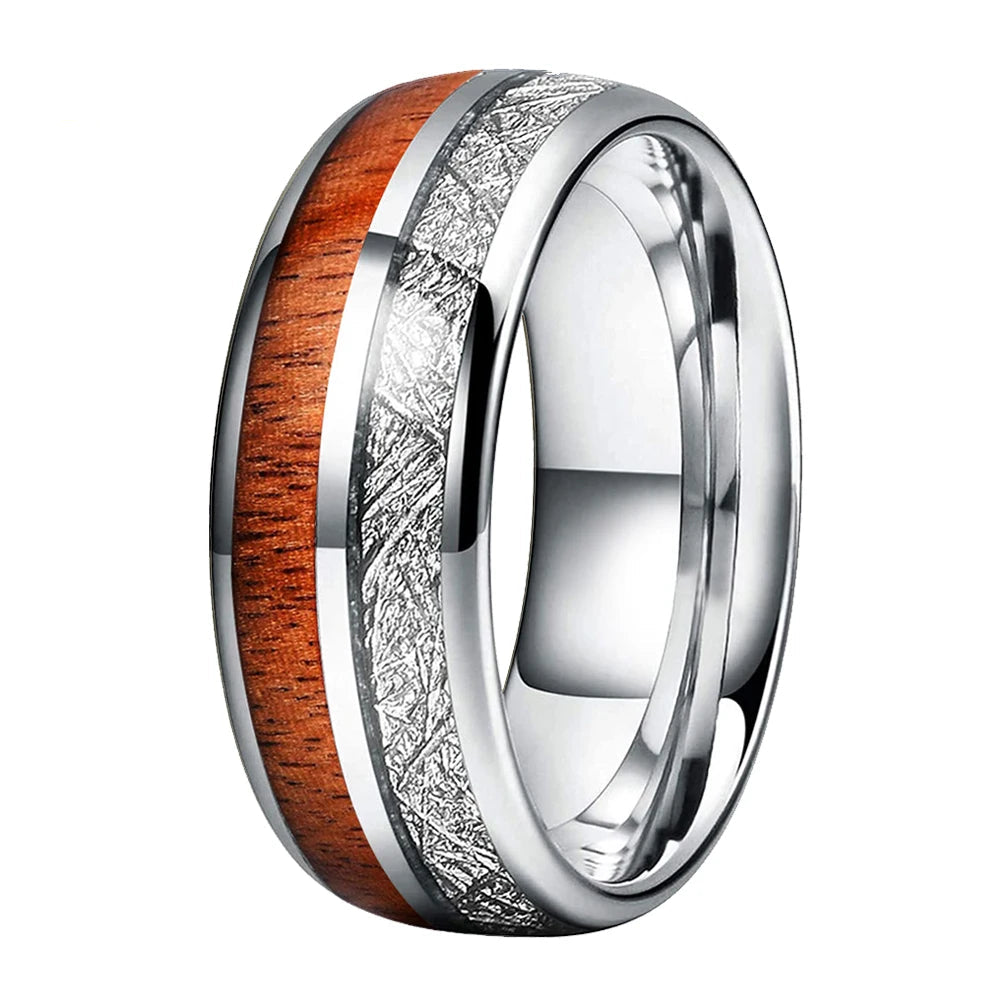 Koa Wood and Meteorite Inlay Tungsten Ring