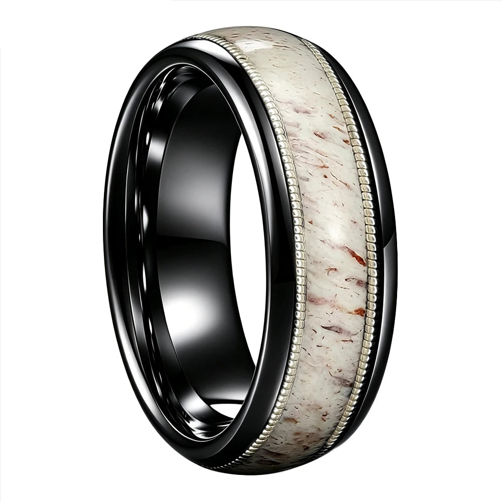 Tungsten Ring With Deer Antler and Guitar String Inlay