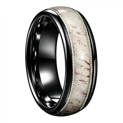 Tungsten Ring With Deer Antler and Guitar String Inlay