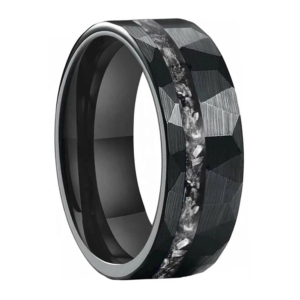 Hammered Tungsten Ring With Meteorite