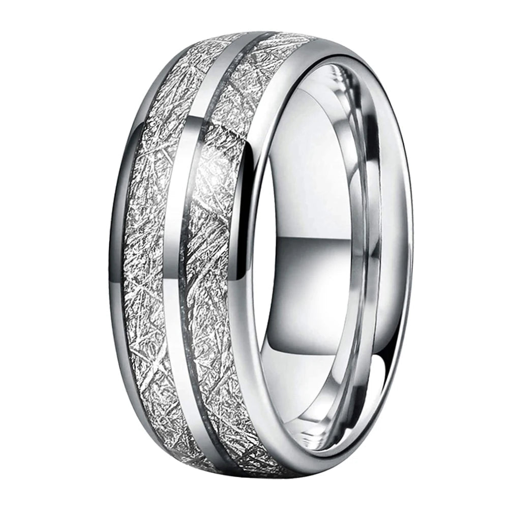 Tungsten Ring With White Meteorite Inlay