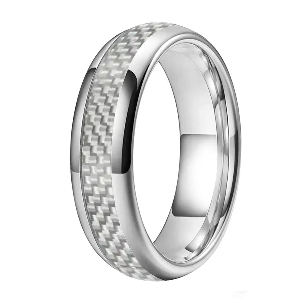 Tungsten Ring With White Carbon Fiber Inlay
