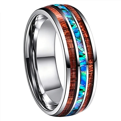 Hawaiian Koa Wood and Abalone Shell Tungsten Ring