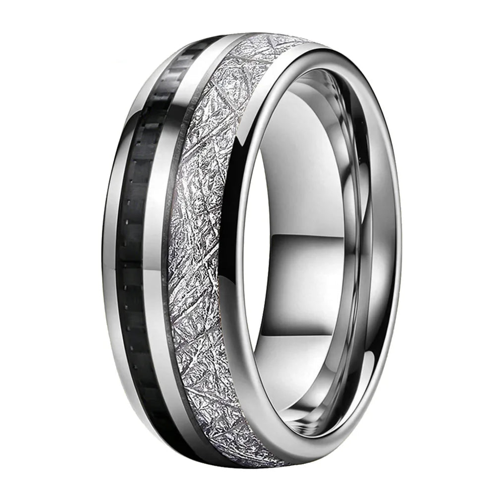 Tungsten Ring With Carbon Fiber and Meteorite Inlay