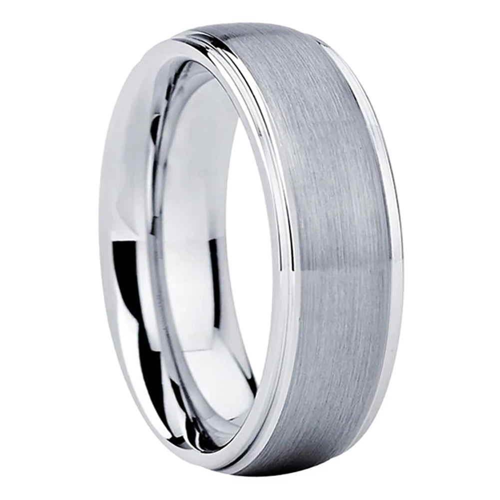 Brushed Silver Tungsten Ring With Polished Edges
