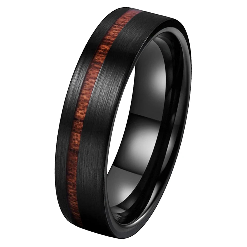 Black Tungsten Ring With Wood Inlay