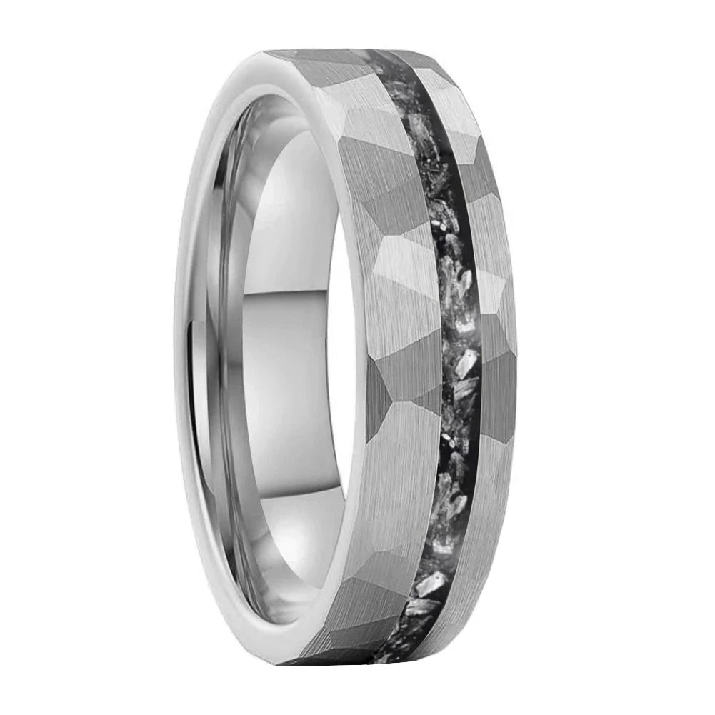 Hammered Tungsten Ring With Meteorite