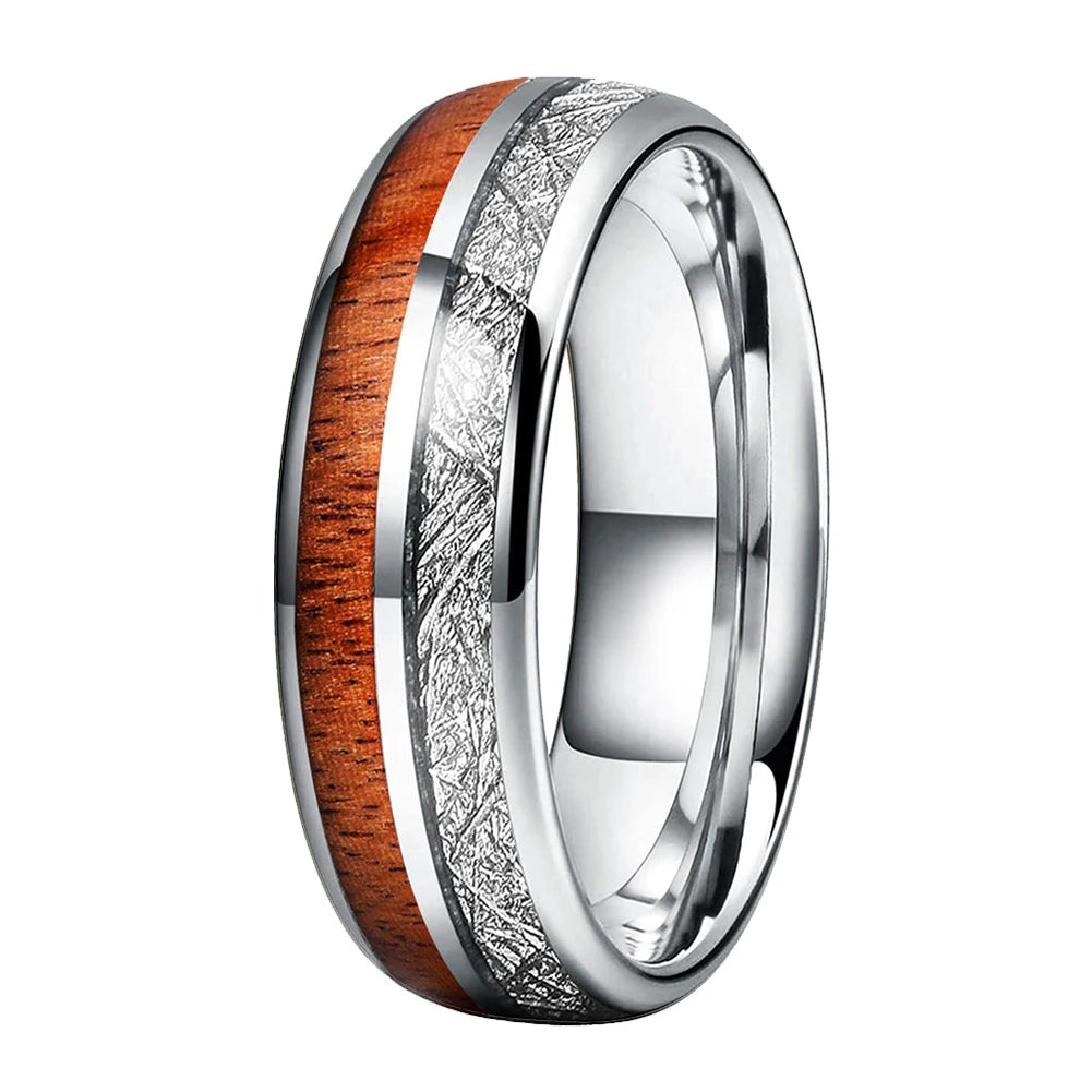 Koa Wood and Meteorite Inlay Tungsten Ring