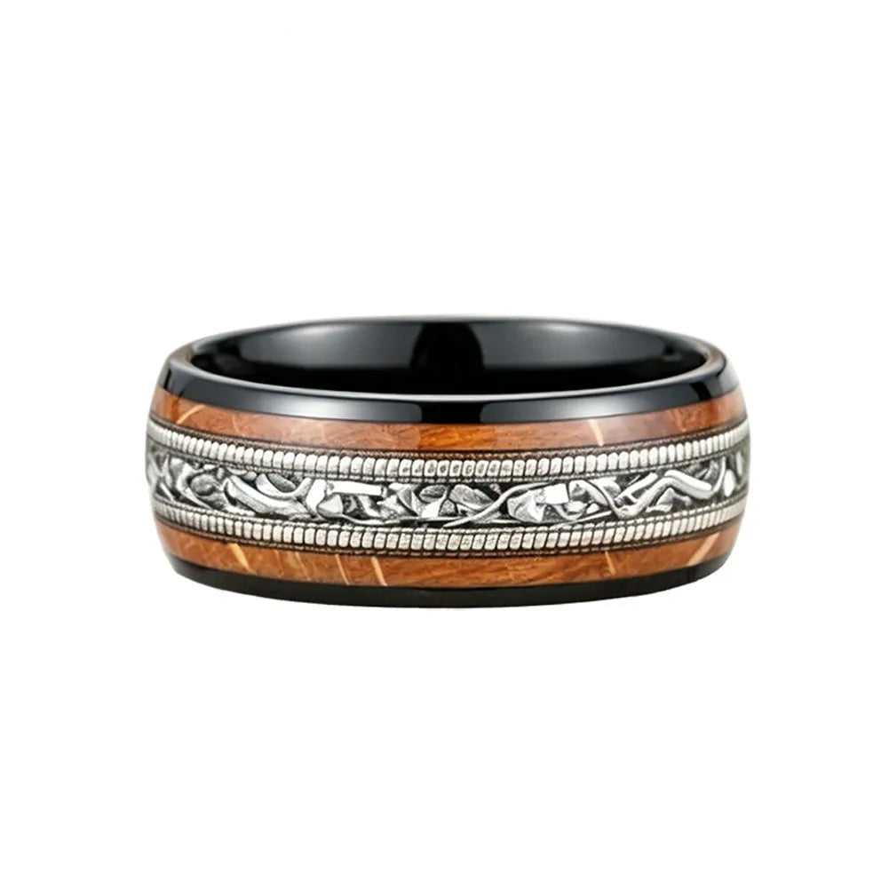 Tungsten Wedding Ring With Meteorite and Whiskey Barrel Wood
