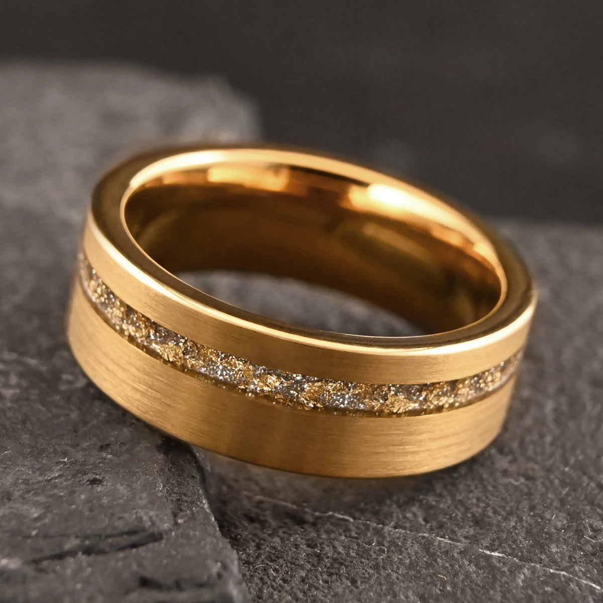 Gold Tungsten Ring With Gold Foil White Opal Inlay