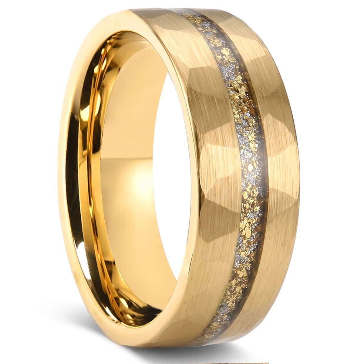Hammered Gold Tungsten Ring With Gold Leaf and White Opal 