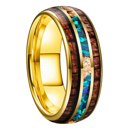 Koa Wood and Opal Tungsten Ring