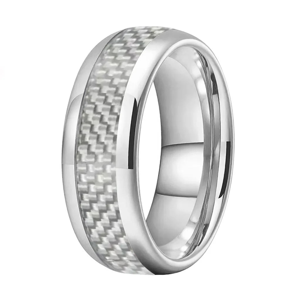 Tungsten Ring With White Carbon Fiber Inlay
