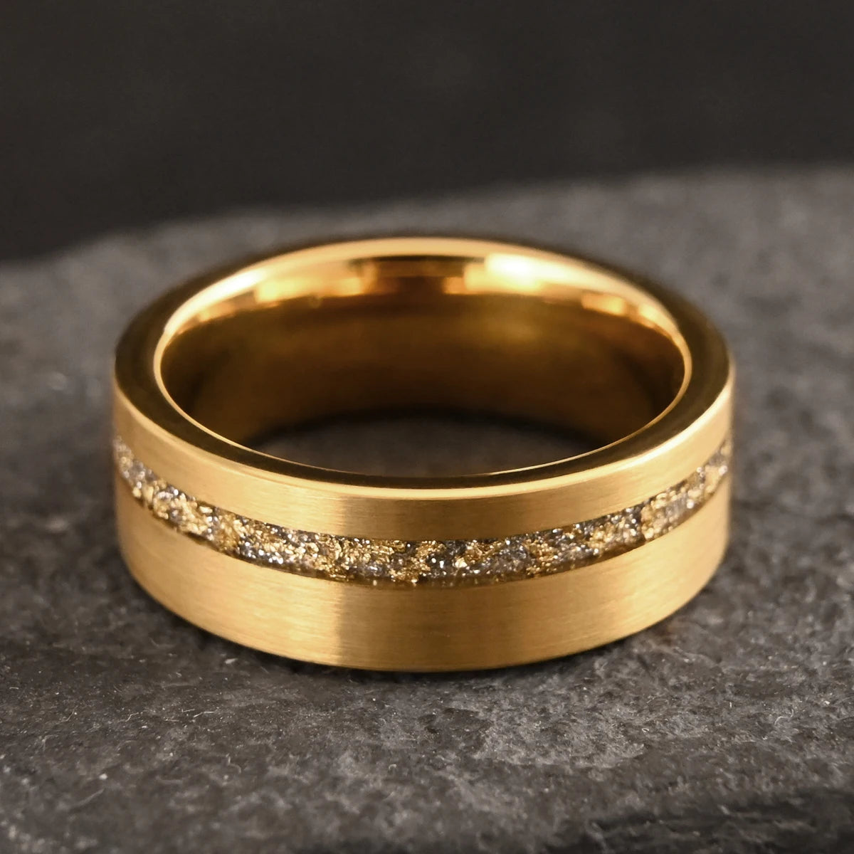 Gold Tungsten Ring With Gold Foil White Opal Inlay