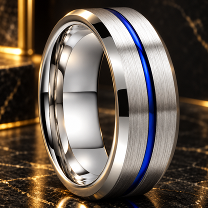 Silver Tungsten Ring With Blue Inlay