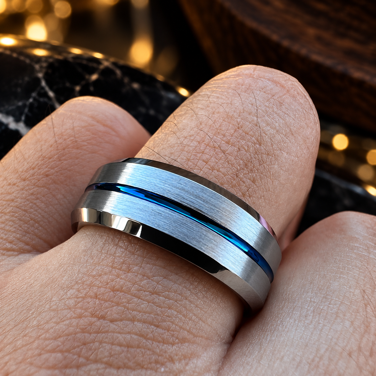 Silver Tungsten Ring With Blue Inlay