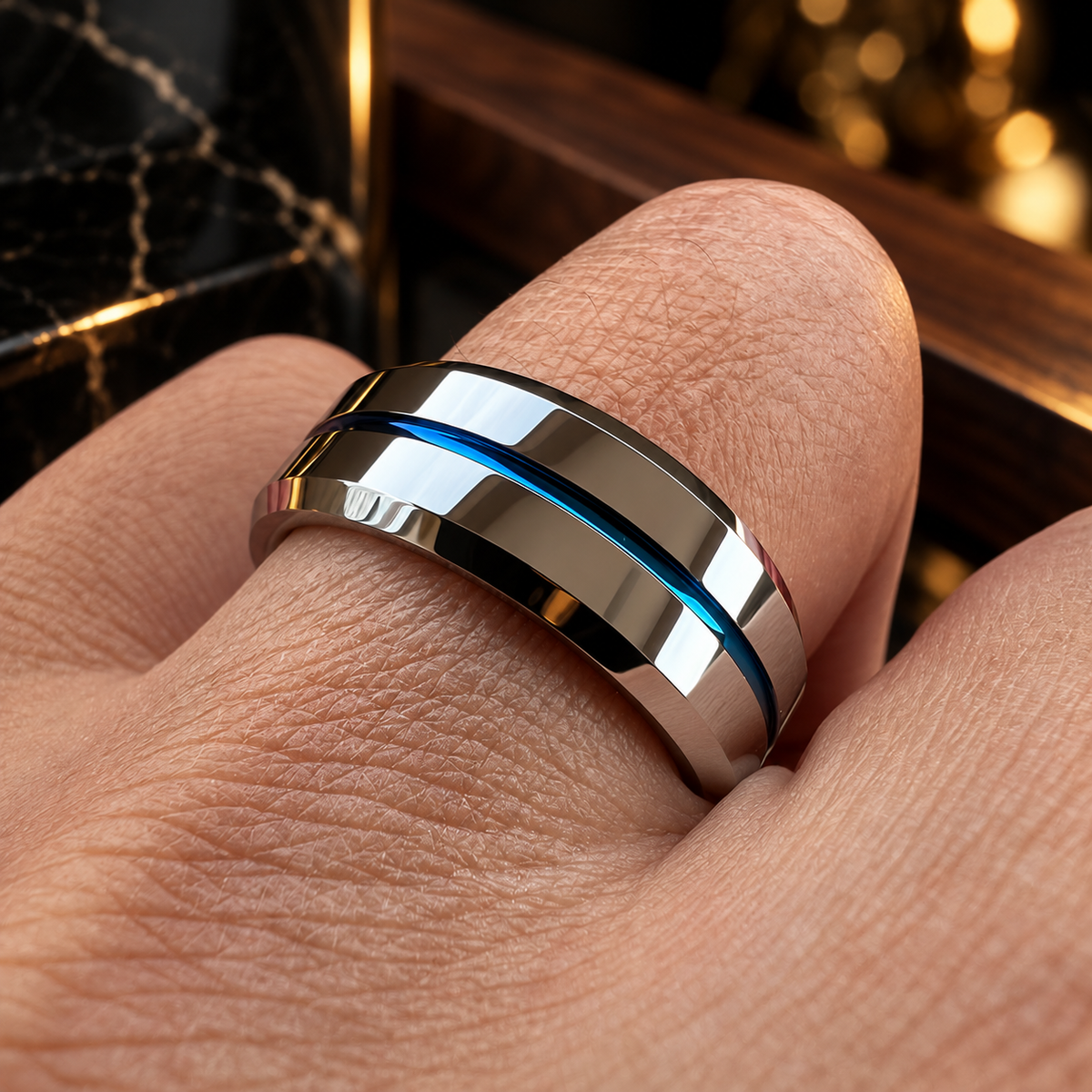 Silver Tungsten Ring With Blue Inlay