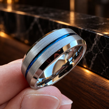 Silver Tungsten Ring With Blue Inlay