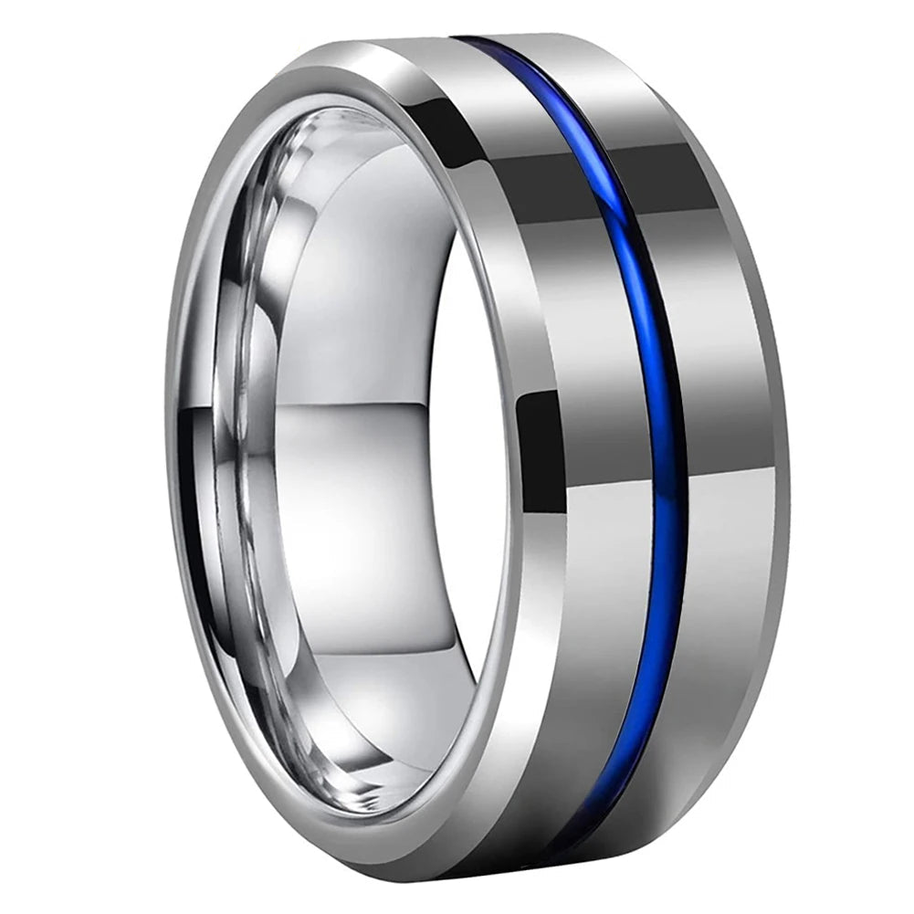 Silver Tungsten Ring With Blue Inlay