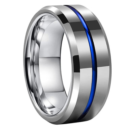 Silver Tungsten Ring With Blue Inlay