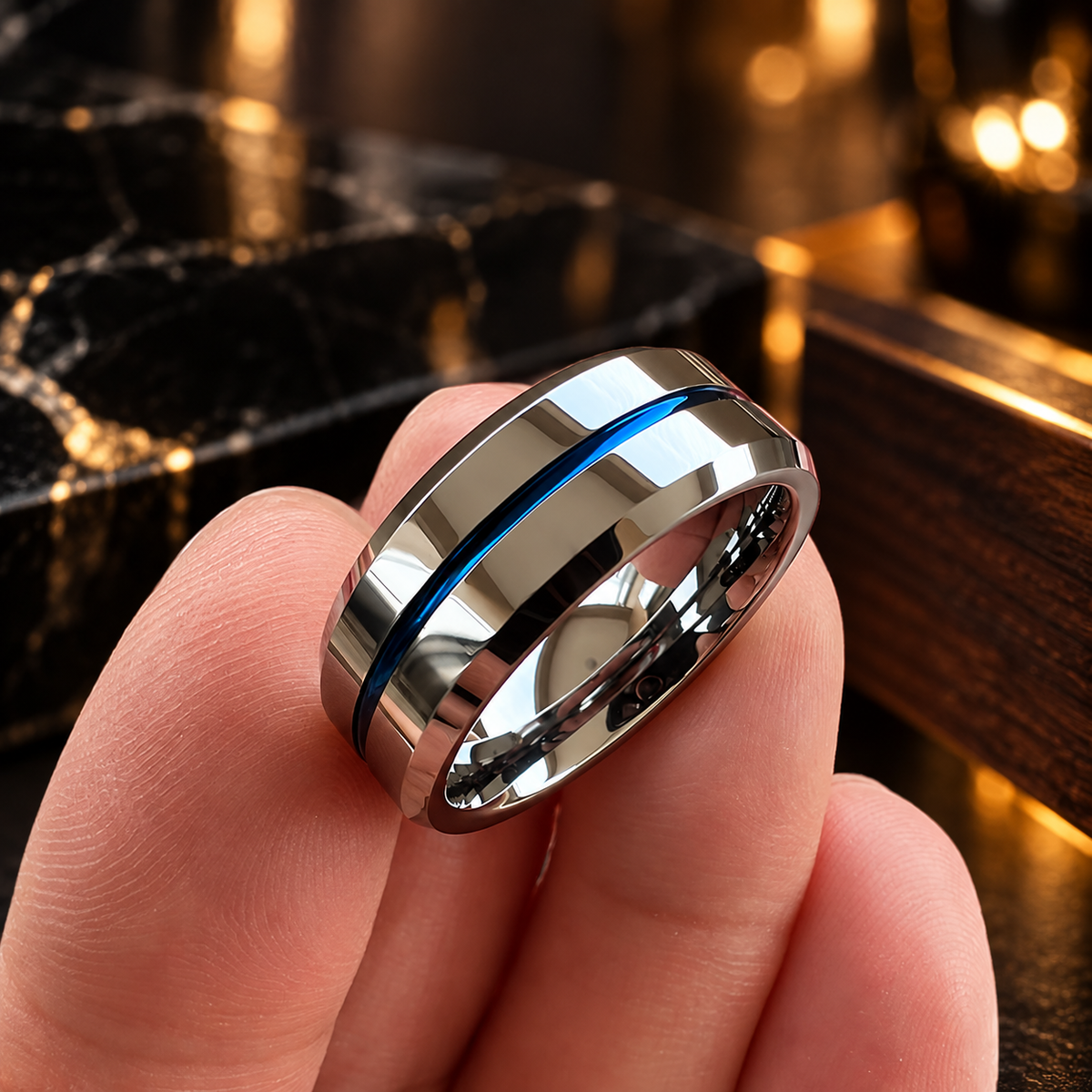 Silver Tungsten Ring With Blue Inlay