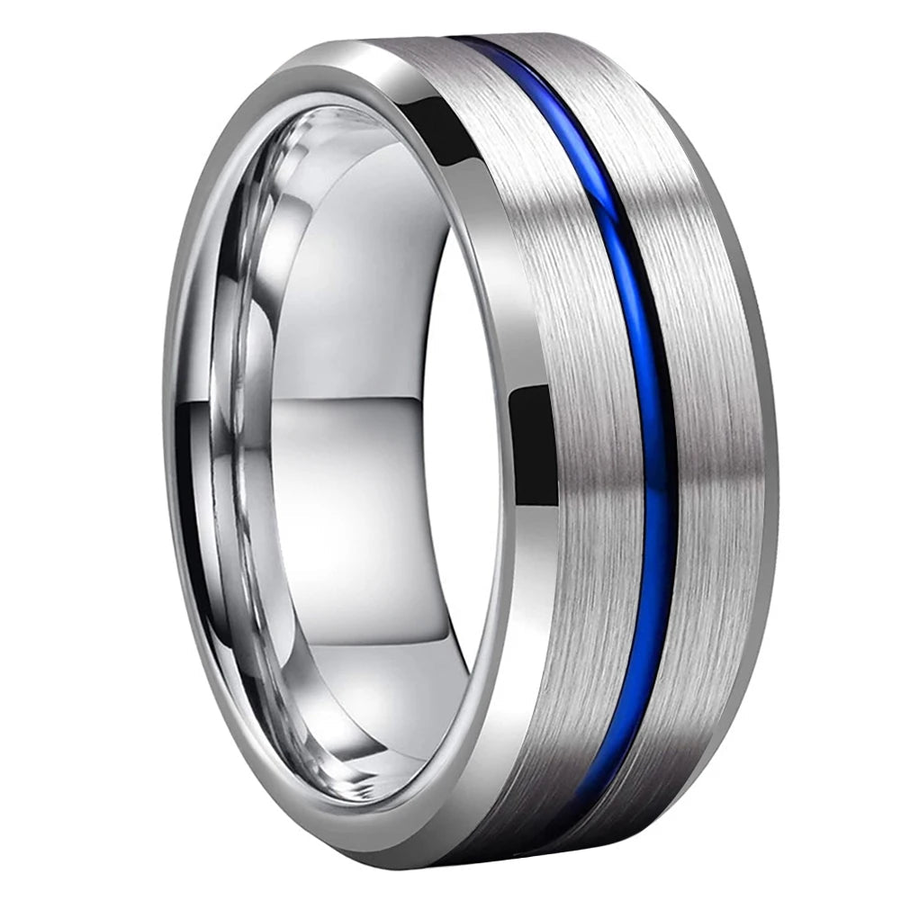 Silver Tungsten Ring With Blue Inlay
