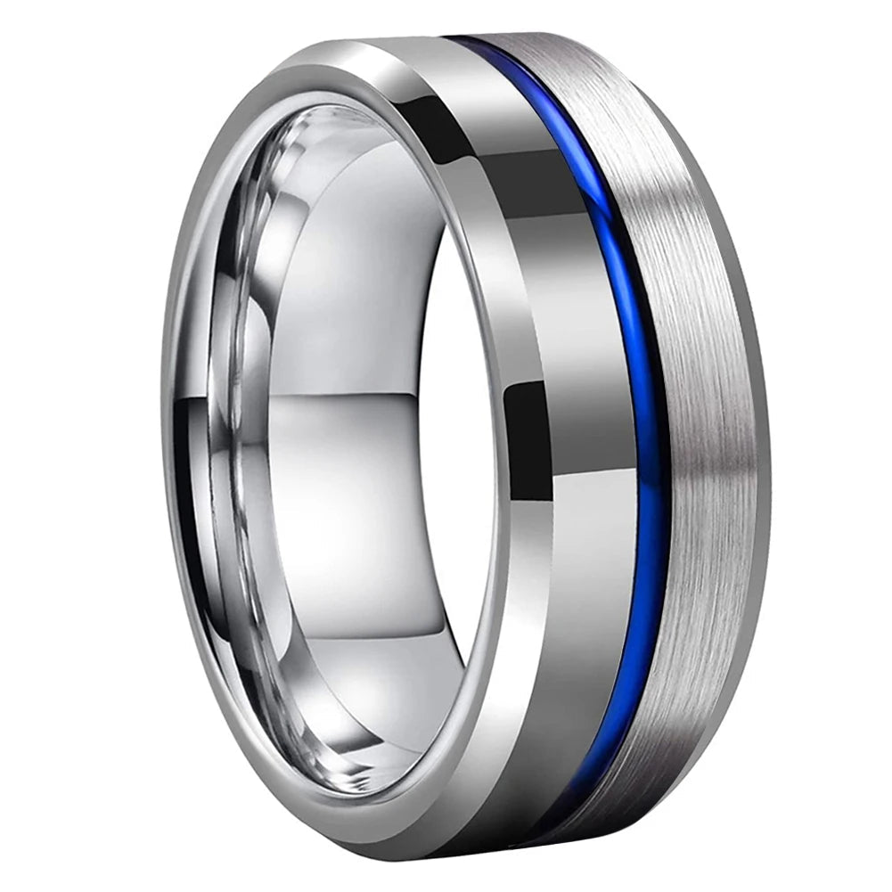Silver Tungsten Ring With Blue Inlay