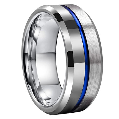 Silver Tungsten Ring With Blue Inlay