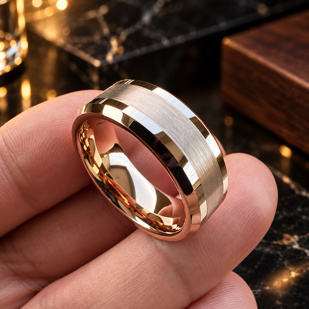 Tungsten Beveled Edges Brushed Rose Gold Ring