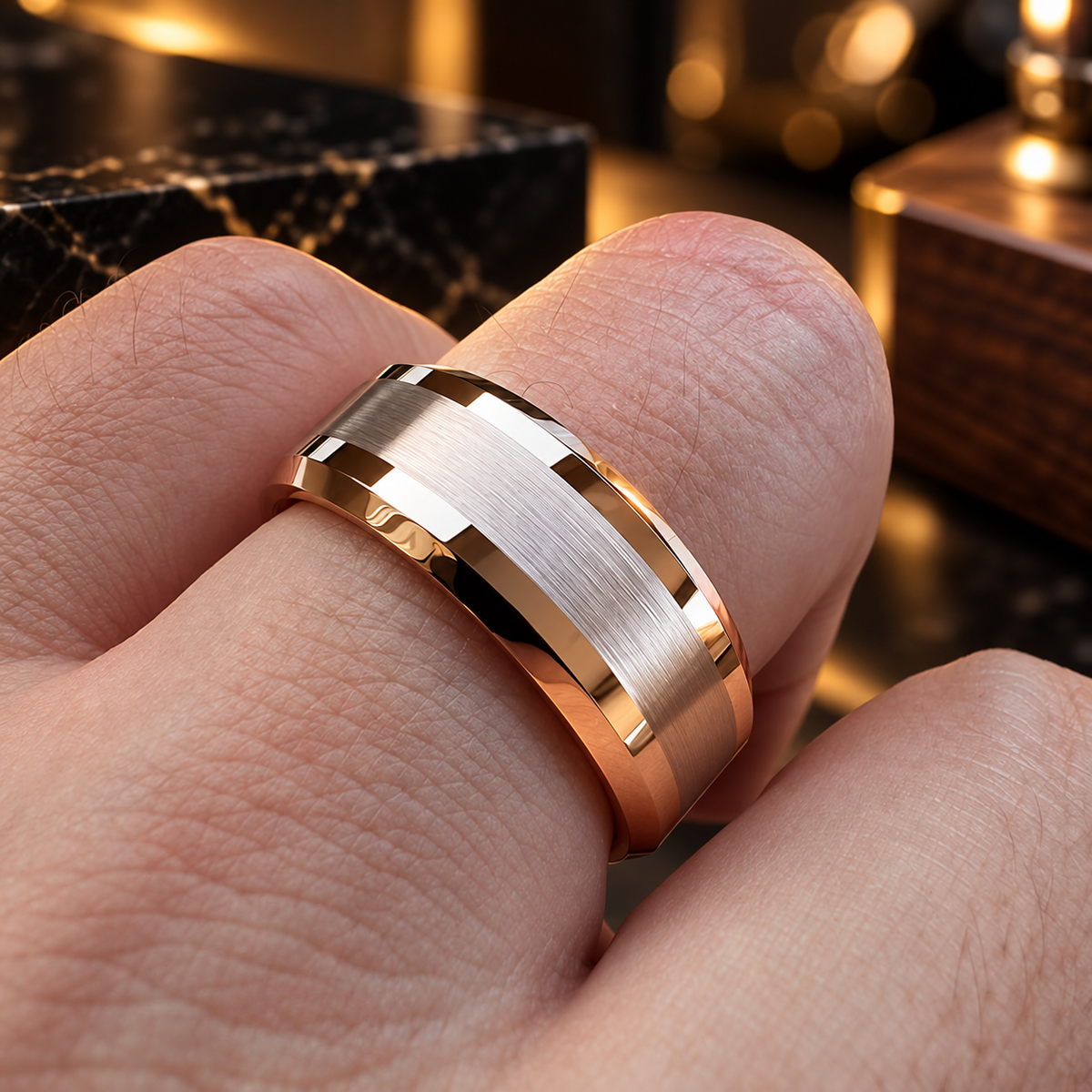 Tungsten Beveled Edges Brushed Rose Gold Ring