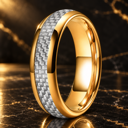 Tungsten Ring With White Carbon Fiber Inlay