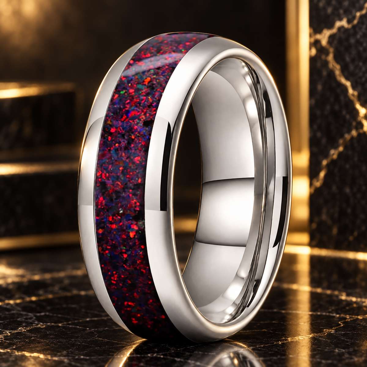 Tungsten Wedding Band With Fire Opal