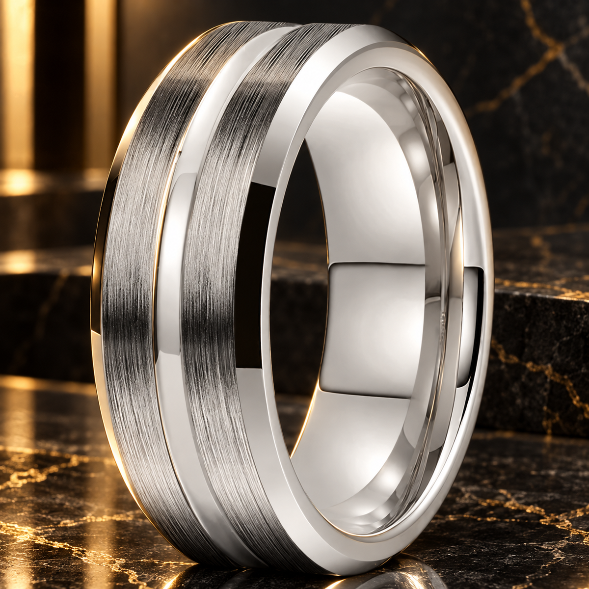 Tungsten Wedding Band With Flat Grooved Center
