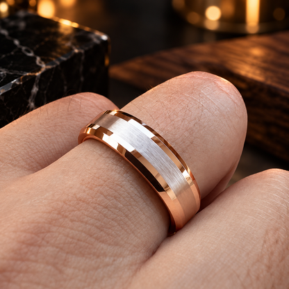 Tungsten Beveled Edges Brushed Rose Gold Ring 
