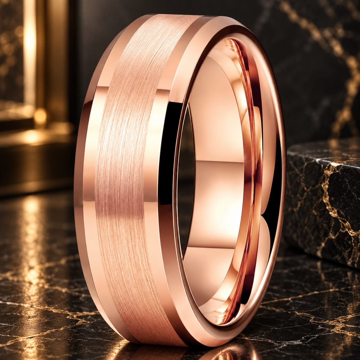 Tungsten Beveled Edges Brushed Rose Gold Ring 